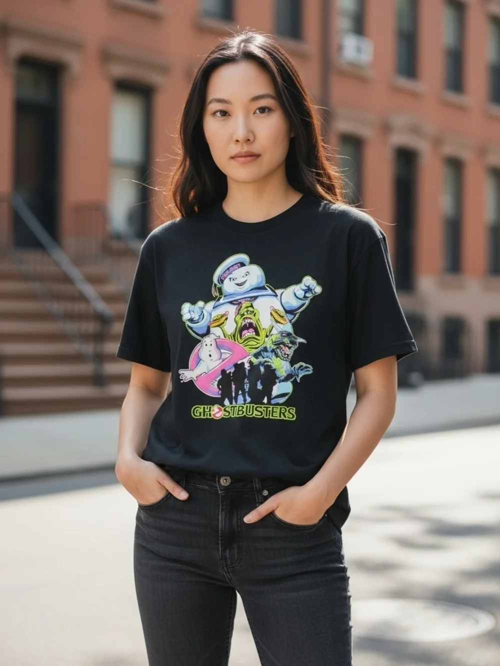 Ghostbusters Neon Character Graphic Tee - Black Stay Puft Marshmallow